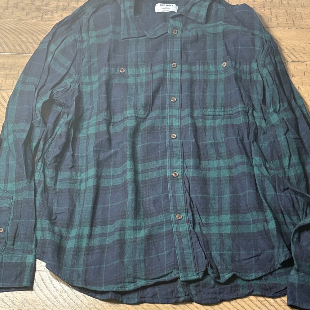 Old Navy Dark Green and Black Plaid Shirt